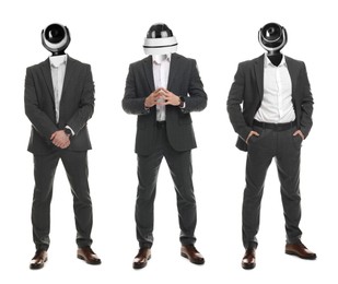 Image of Businessmen with CCTV cameras instead of heads on white background, collage