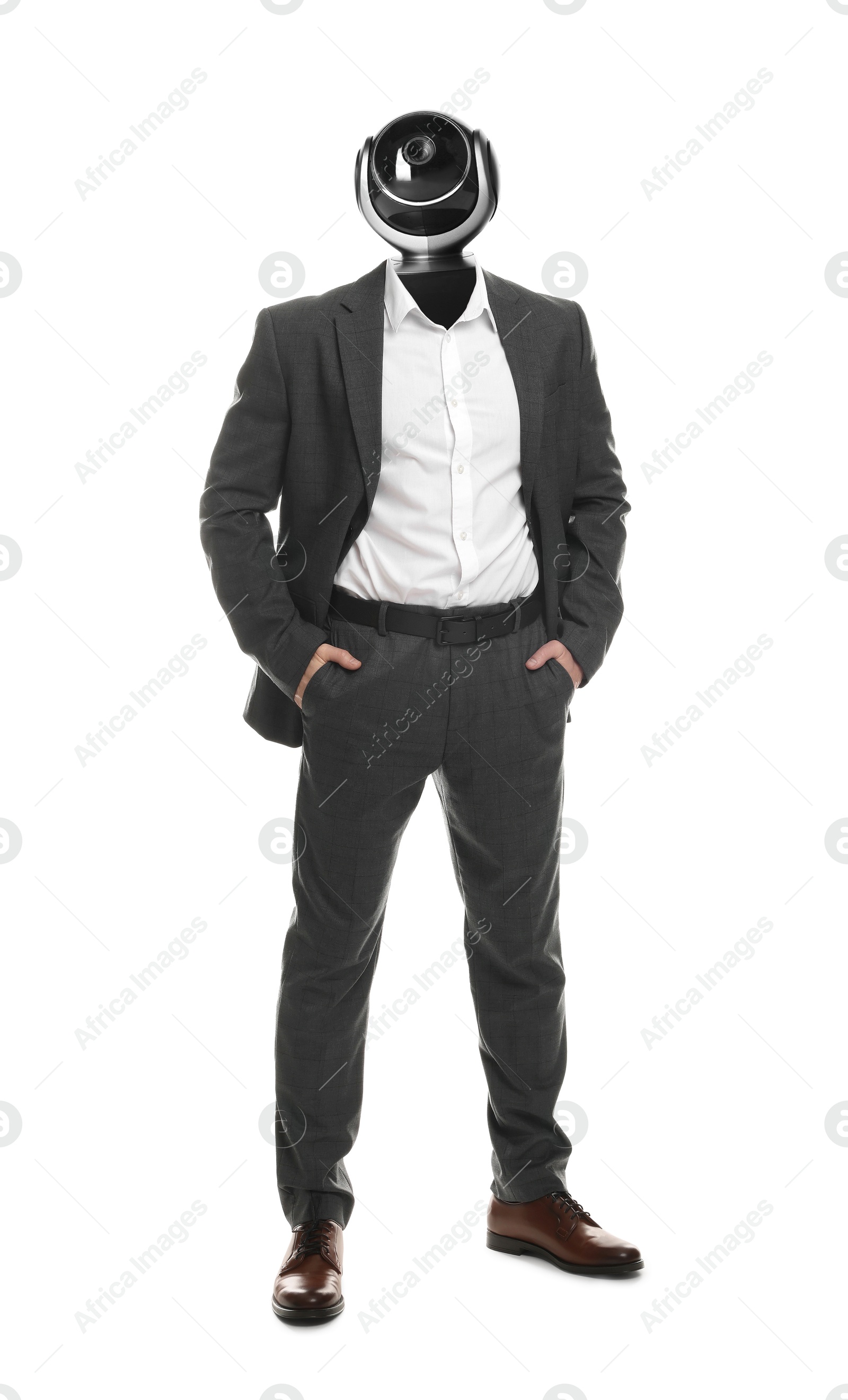 Image of Businessman with CCTV camera instead of his head on white background