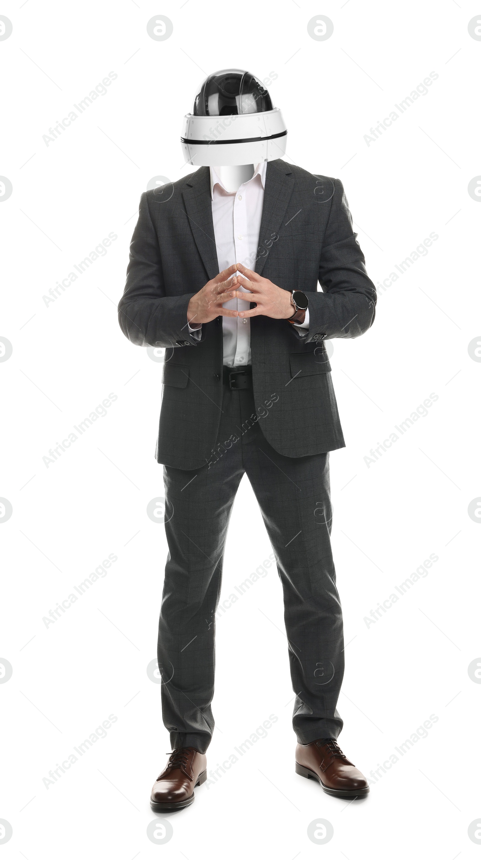 Image of Businessman with CCTV camera instead of his head on white background