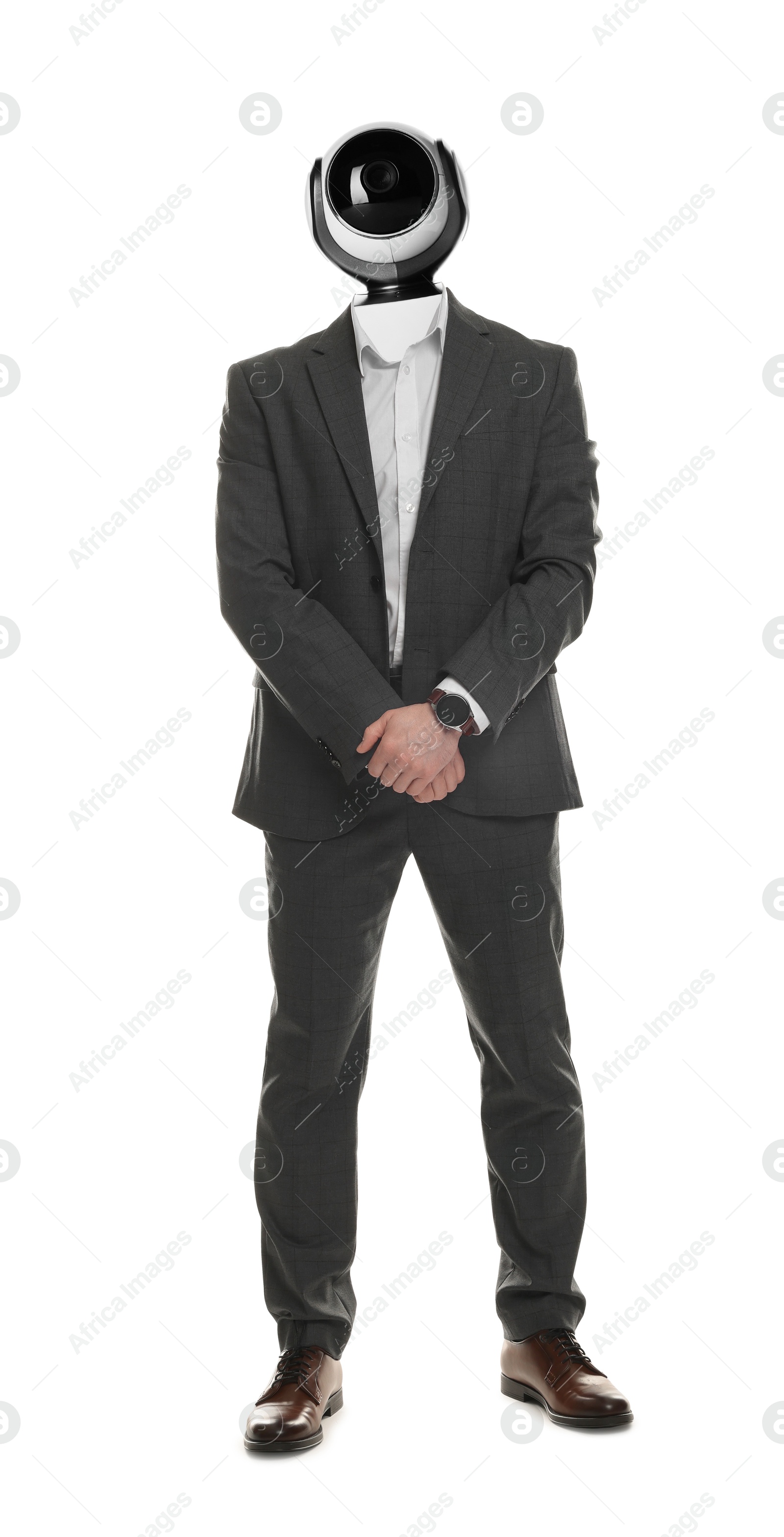 Image of Businessman with CCTV camera instead of his head on white background