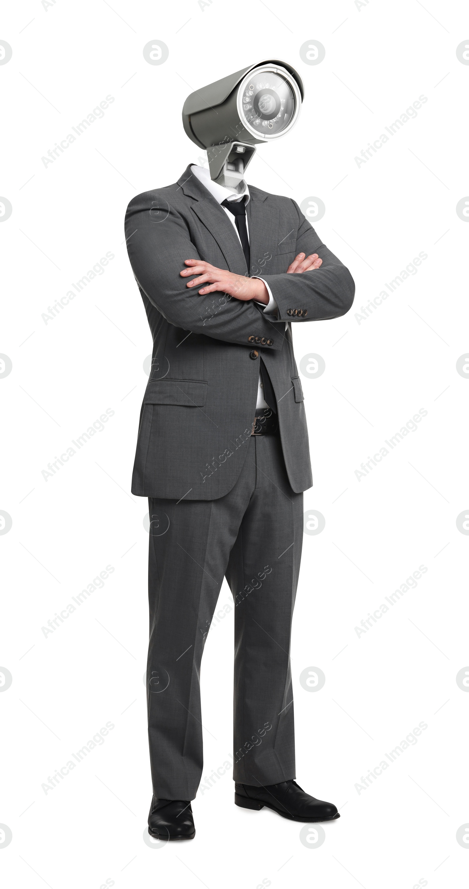 Image of Businessman with CCTV camera instead of his head on white background