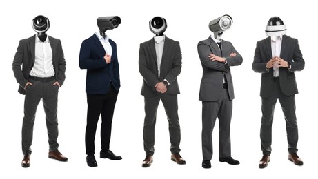 Image of Businessmen with CCTV cameras instead of heads on white background, collage