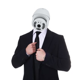 Image of Businessman with CCTV camera instead of his head on white background