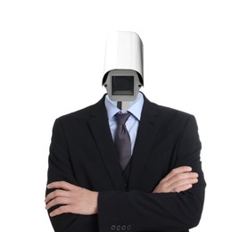 Image of Businessman with CCTV camera instead of his head on white background