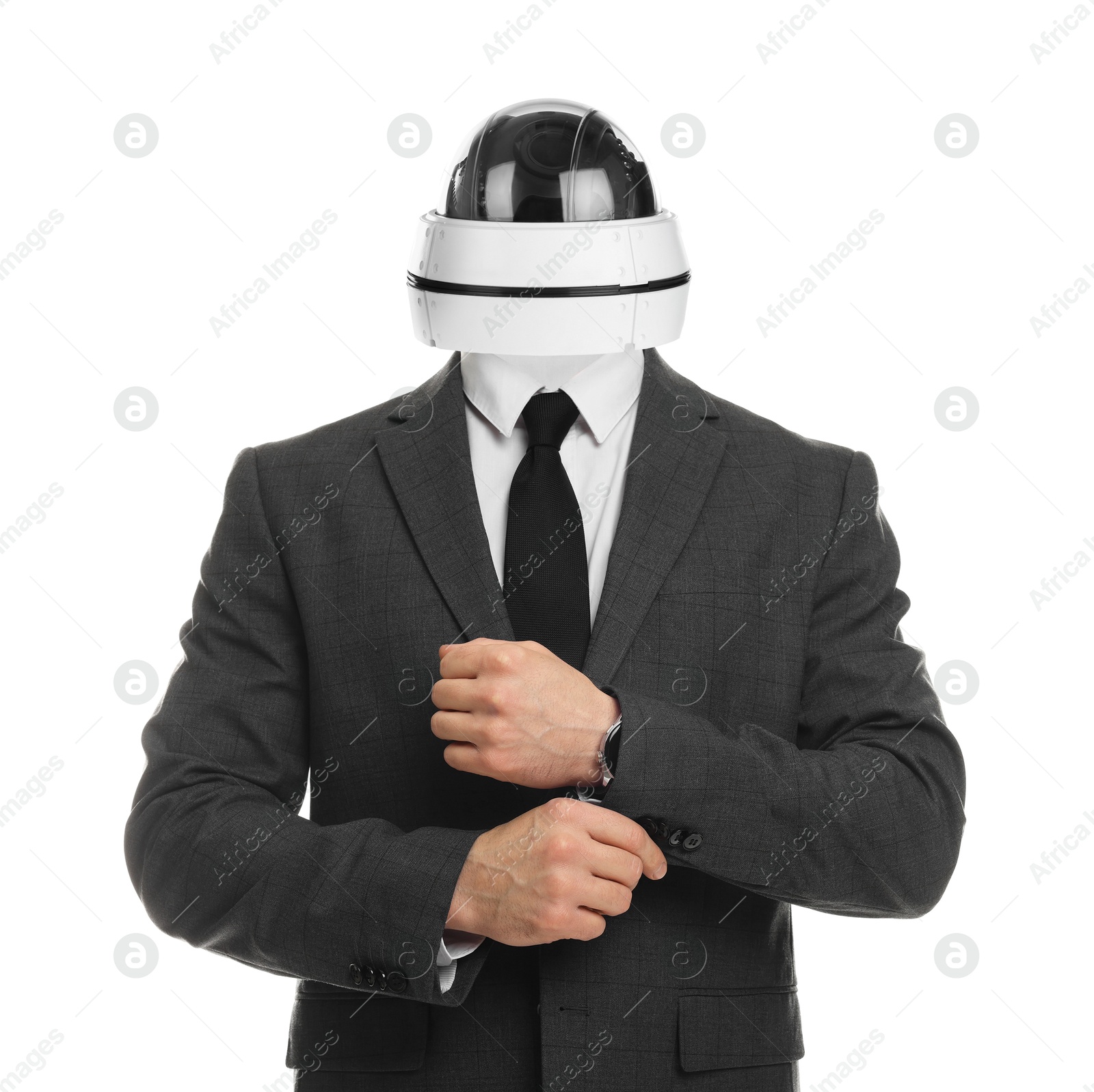 Image of Businessman with CCTV camera instead of his head on white background