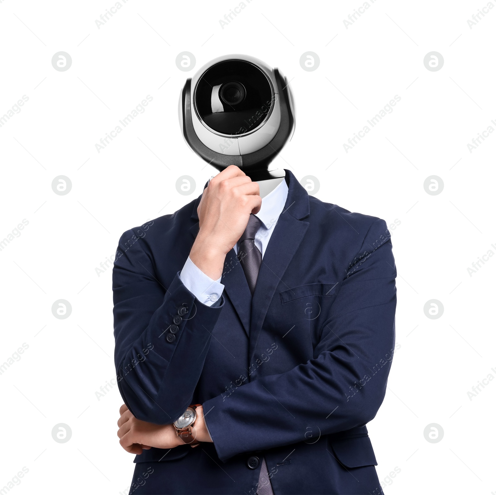 Image of Businessman with CCTV camera instead of his head on white background