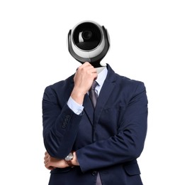 Image of Businessman with CCTV camera instead of his head on white background