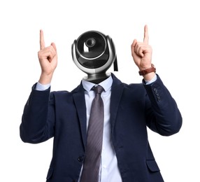 Image of Businessman with CCTV camera instead of his head pointing at something on white background