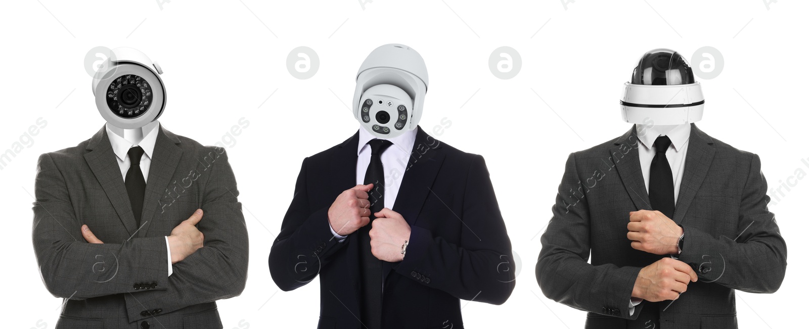 Businessmen with CCTV cameras instead of heads on white background, collage Image of Businessmen with CCTV cameras instead of heads on white background, collage