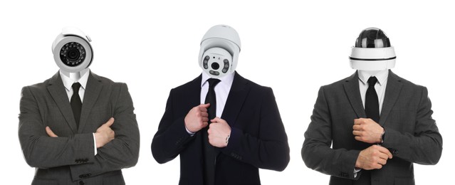 Image of Businessmen with CCTV cameras instead of heads on white background, collage