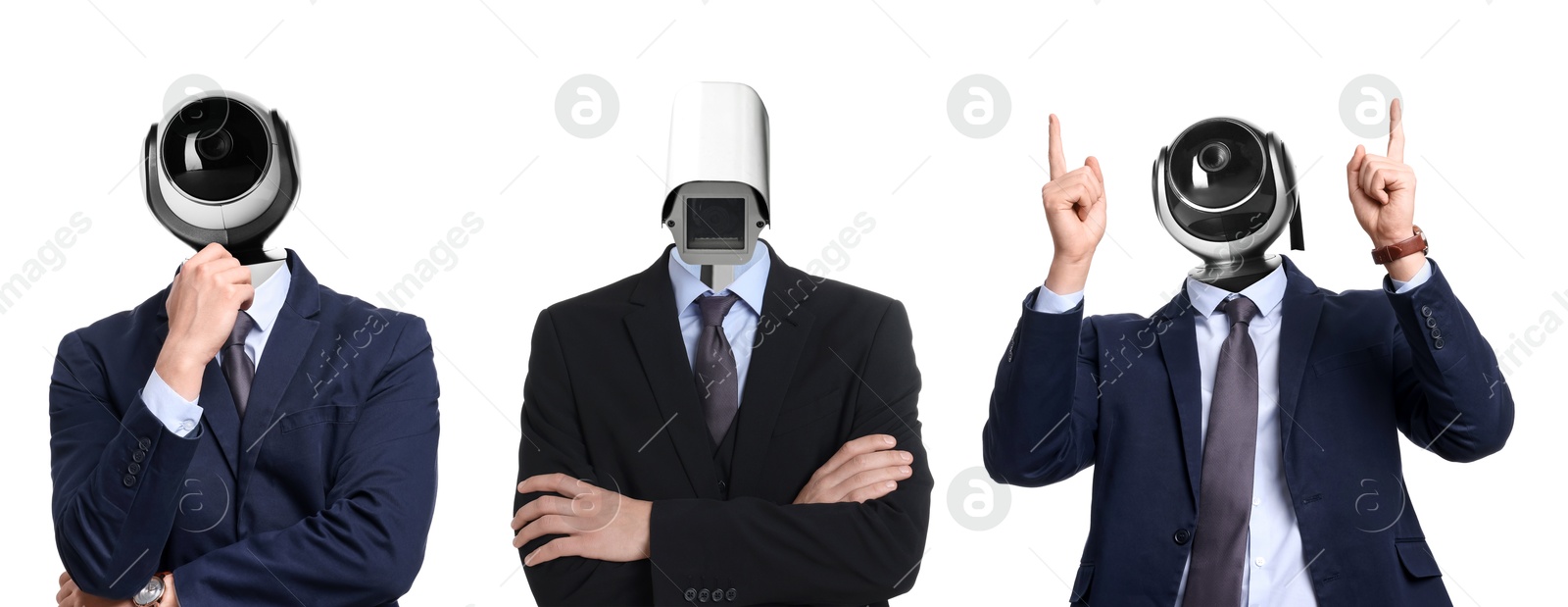 Image of Businessmen with CCTV cameras instead of heads on white background, collage