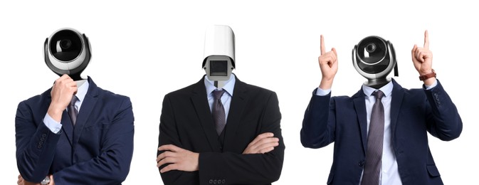 Image of Businessmen with CCTV cameras instead of heads on white background, collage