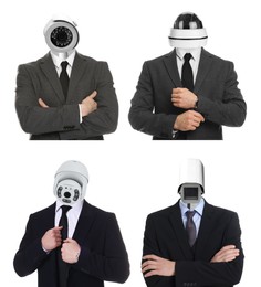 Image of Businessmen with CCTV cameras instead of heads on white background, collage