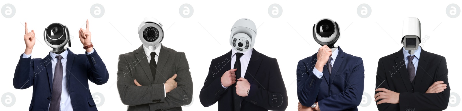Businessmen with CCTV cameras instead of heads on white background, collage Image of Businessmen with CCTV cameras instead of heads on white background, collage