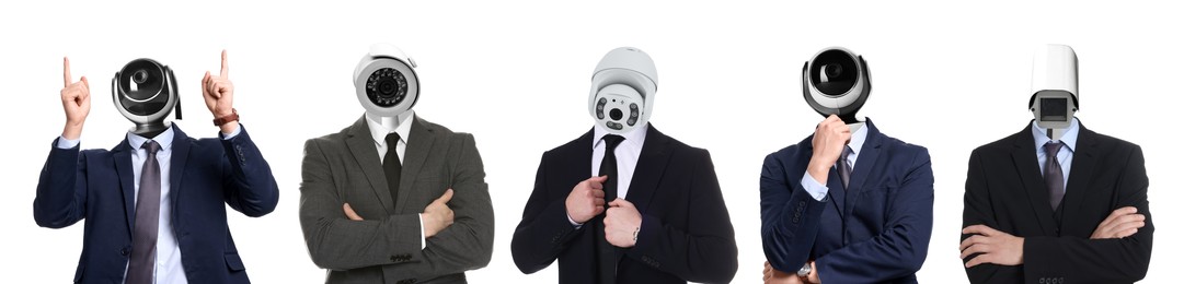 Image of Businessmen with CCTV cameras instead of heads on white background, collage