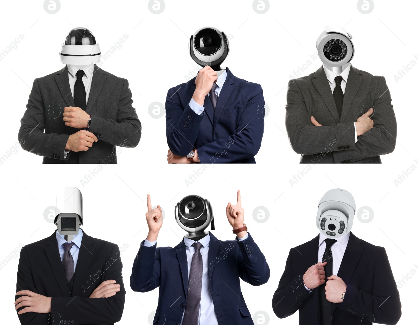Businessmen with CCTV cameras instead of heads on white background, collage Image of Businessmen with CCTV cameras instead of heads on white background, collage