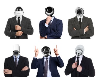Image of Businessmen with CCTV cameras instead of heads on white background, collage