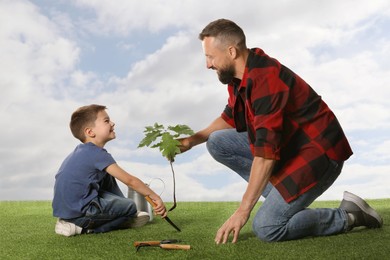Image of Father and his son planting tree into ground outdoors