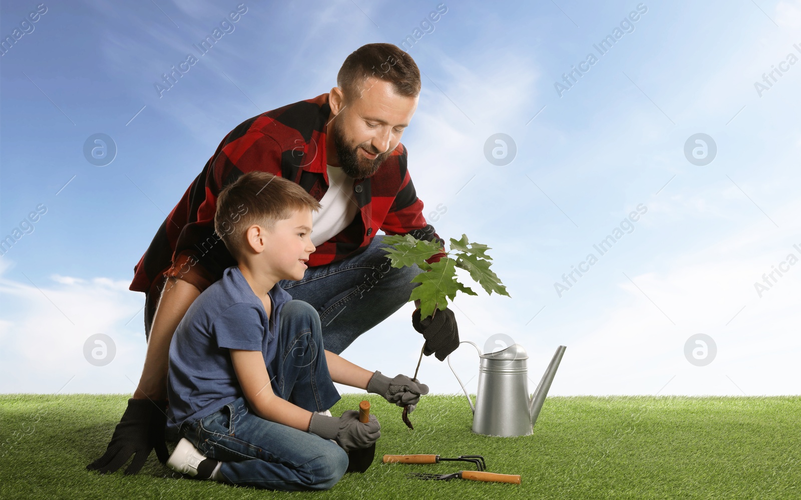 Father and his son planting tree into ground outdoors Image of Father and his son planting tree into ground outdoors