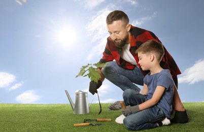 Image of Father and his son planting tree into ground outdoors