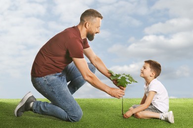 Image of Father and his son planting tree into ground outdoors