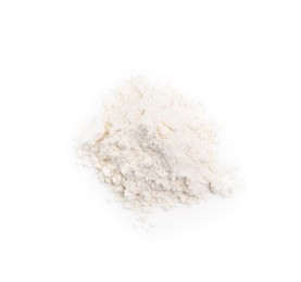 Photo of Pile of wheat flour isolated on white, top view
