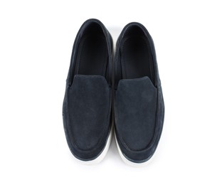 Photo of Pair of stylish dark blue shoes on white background, top view