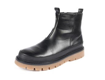 Photo of One stylish black boot on white background