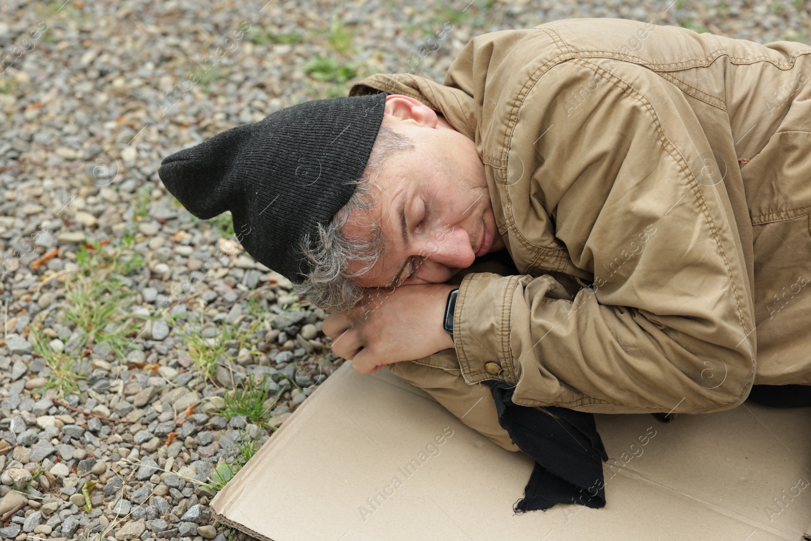 Photo of Homeless man sleeping on carton in park