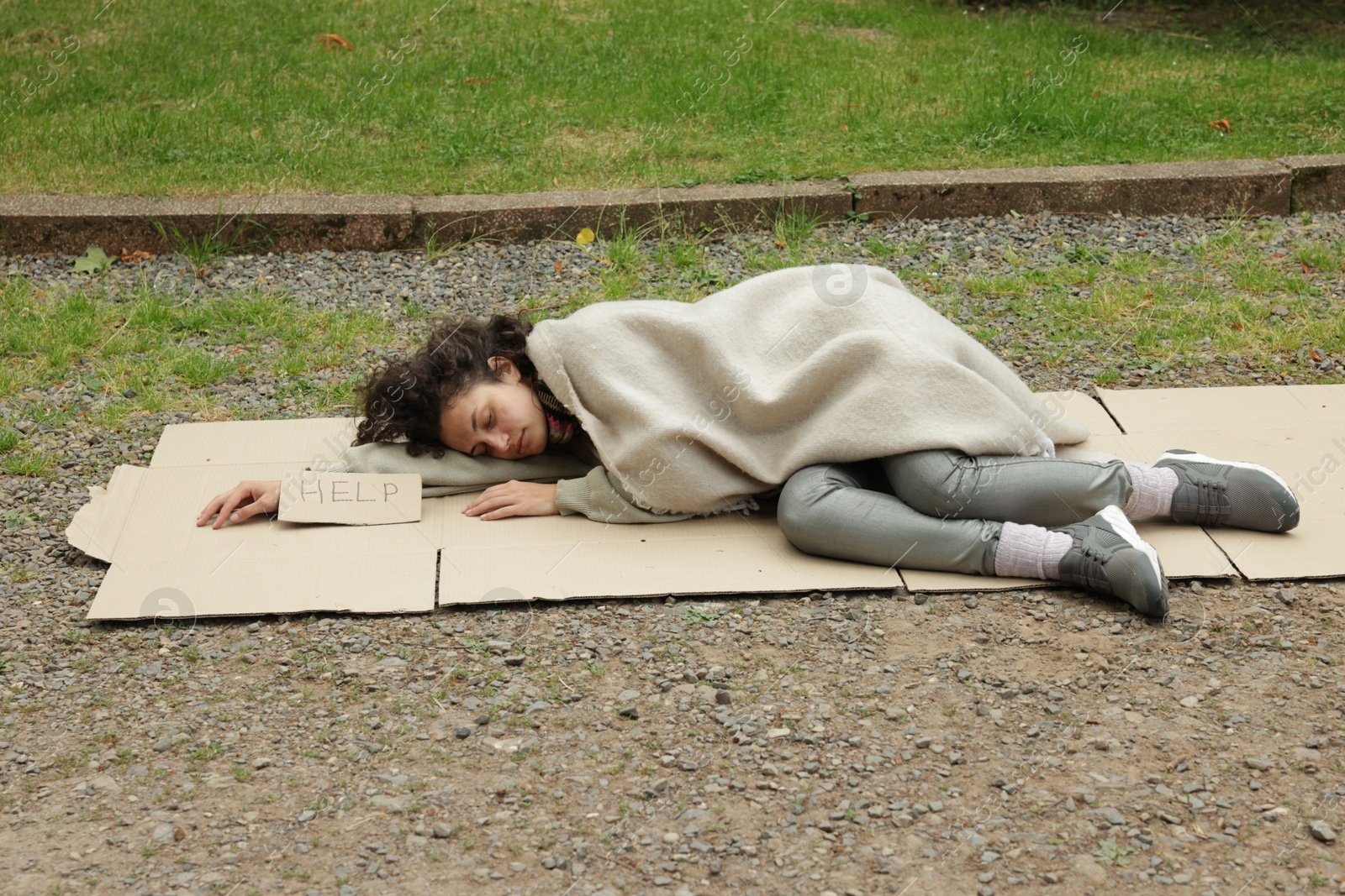 Photo of Homeless woman with sign Help sleeping on carton in park