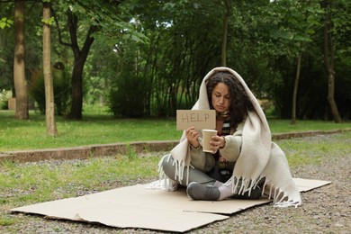 Photo of Homeless woman with sign Help and paper cup on carton in park, space for text