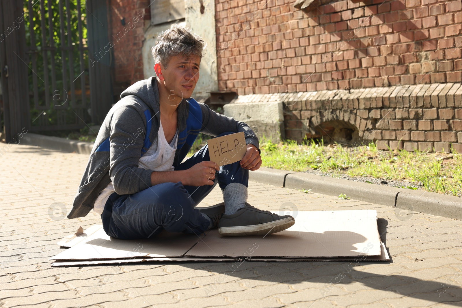 Photo of Homeless man with sign Help on carton outdoors, space for text