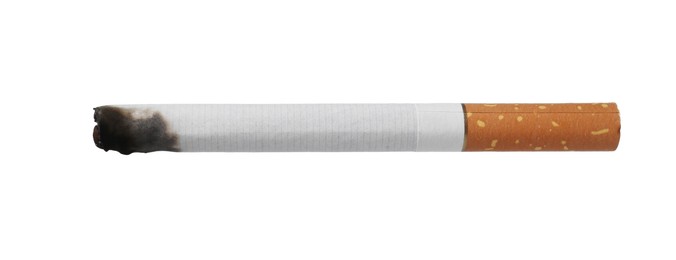 Photo of One burnt cigarette butt isolated on white