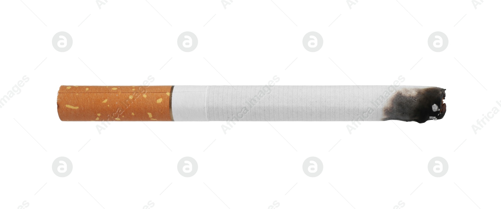 Photo of One burnt cigarette butt isolated on white