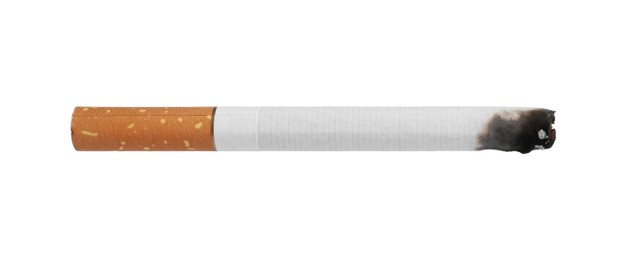 Photo of One burnt cigarette butt isolated on white
