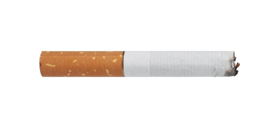 Photo of One burnt cigarette butt isolated on white