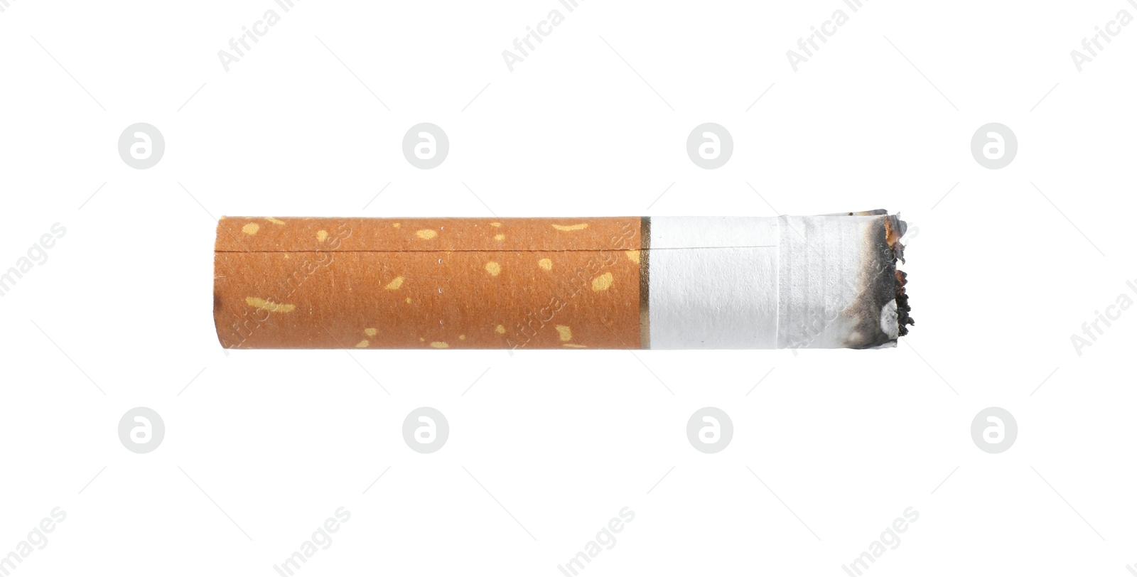 Photo of One burnt cigarette butt isolated on white