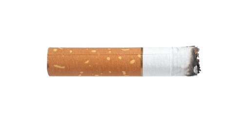 Photo of One burnt cigarette butt isolated on white