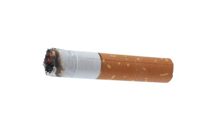 Photo of One burnt cigarette butt isolated on white