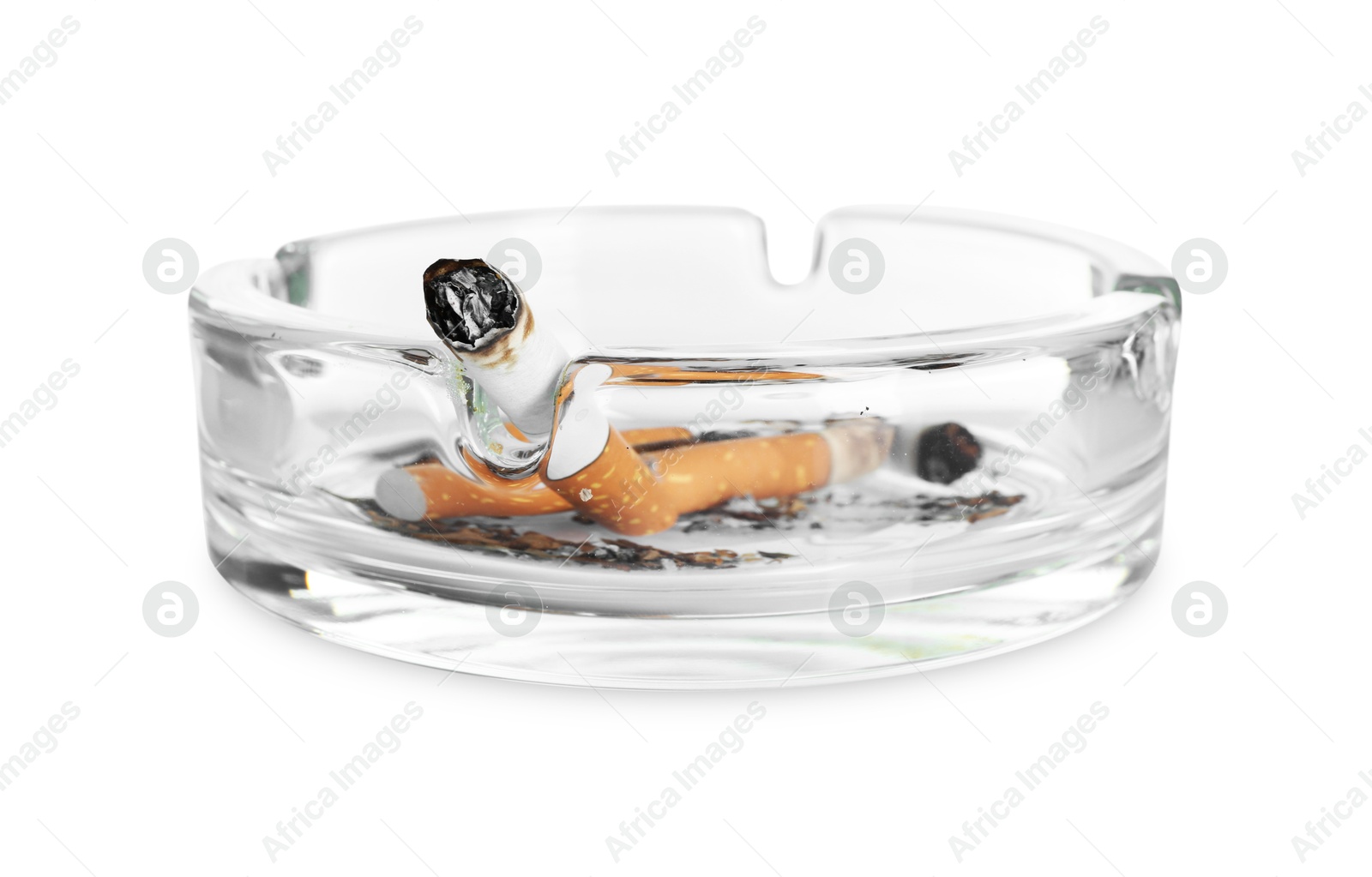 Ashtray with cigarette butts isolated on white Photo of Ashtray with cigarette butts isolated on white