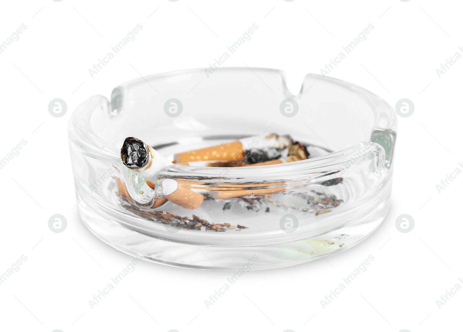 Ashtray with cigarette butts isolated on white Photo of Ashtray with cigarette butts isolated on white