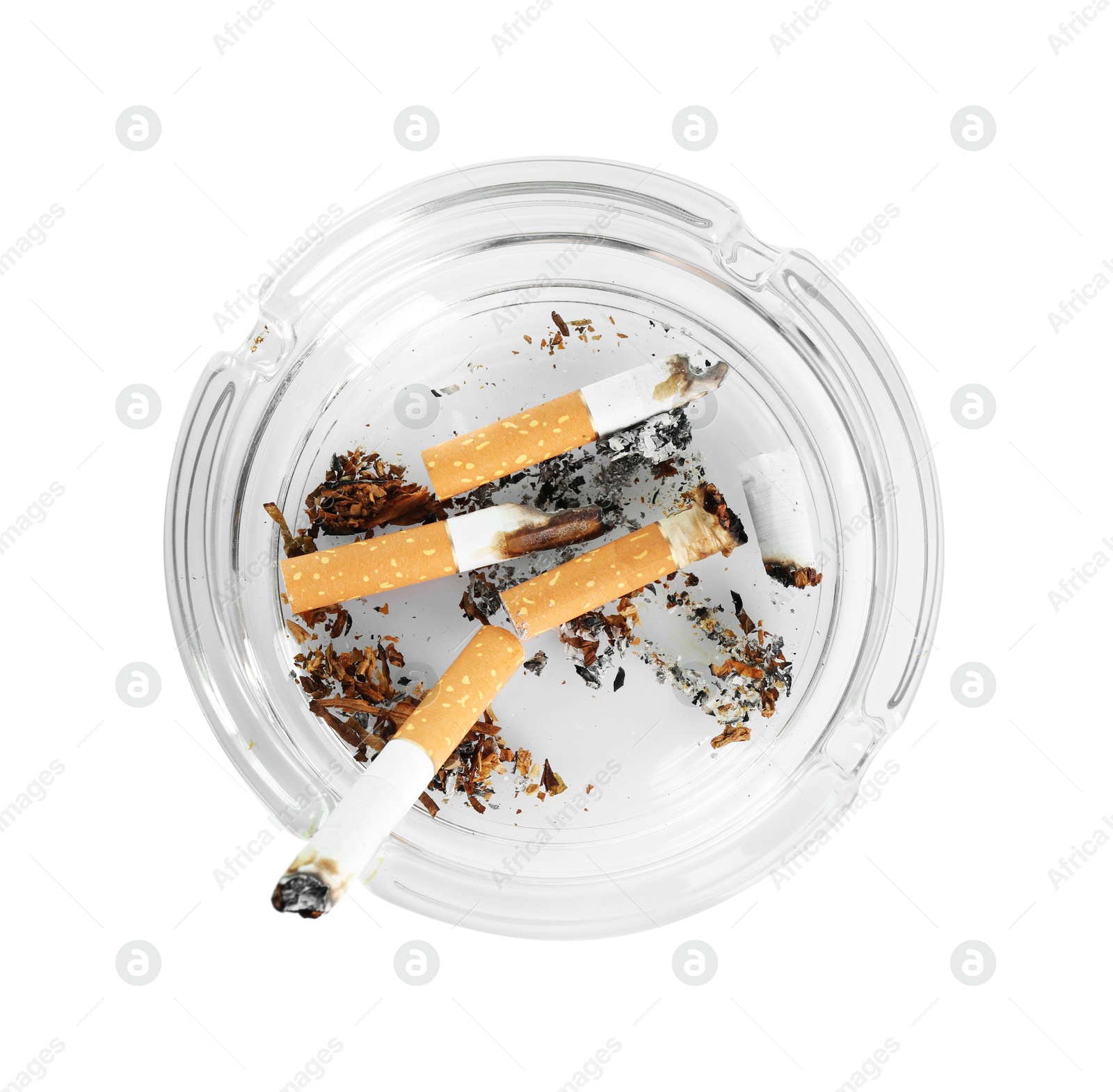 Ashtray with cigarette butts isolated on white, top view Photo of Ashtray with cigarette butts isolated on white, top view