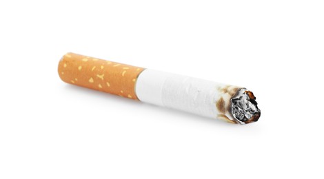 Photo of One burnt cigarette butt isolated on white