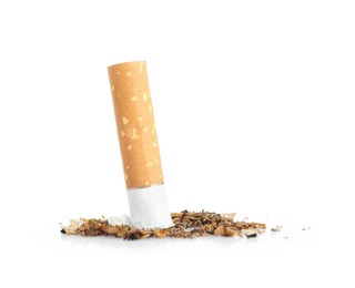 Photo of Cigarette butt with ash isolated on white