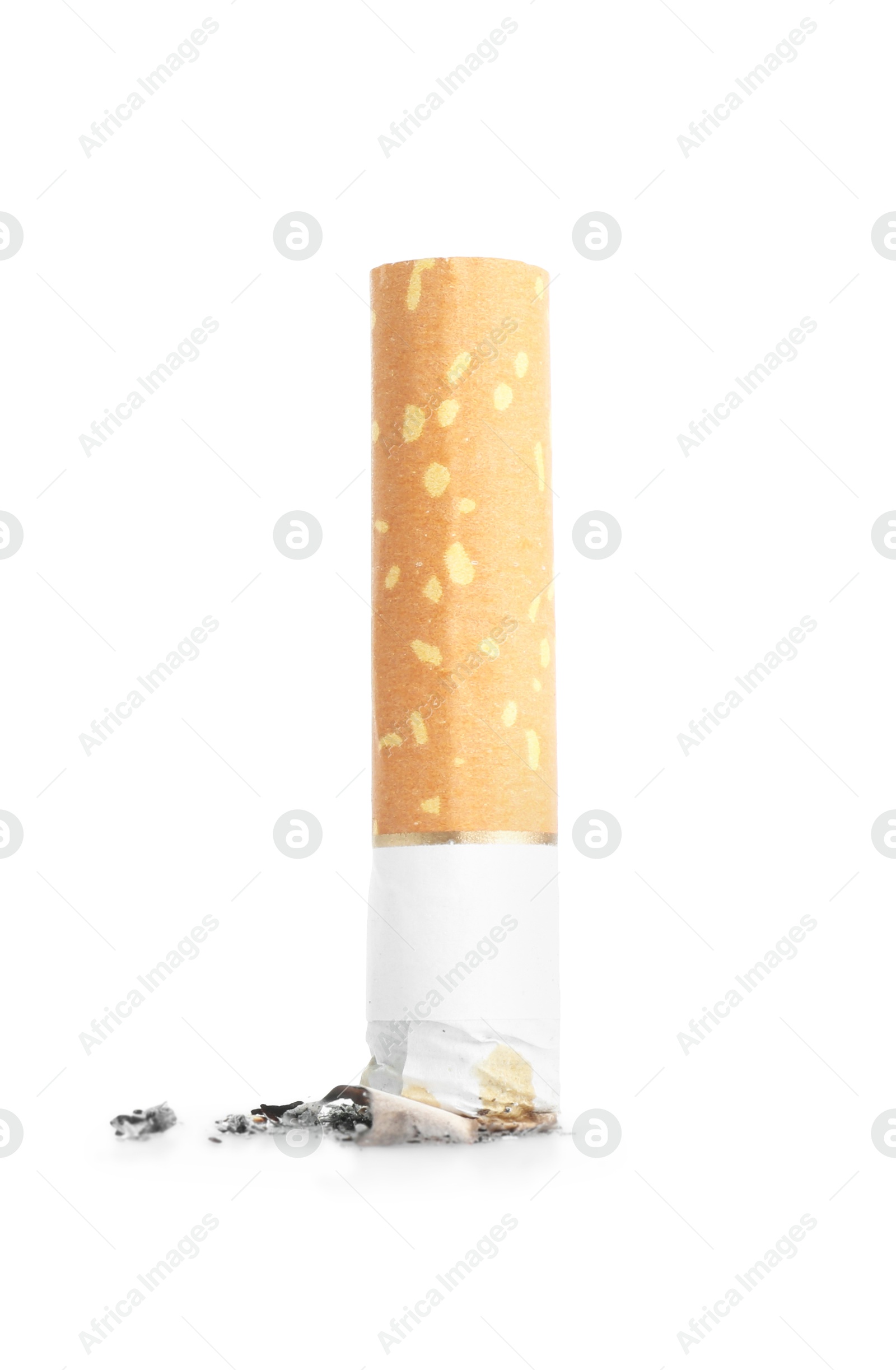 Cigarette butt with ash isolated on white Photo of Cigarette butt with ash isolated on white