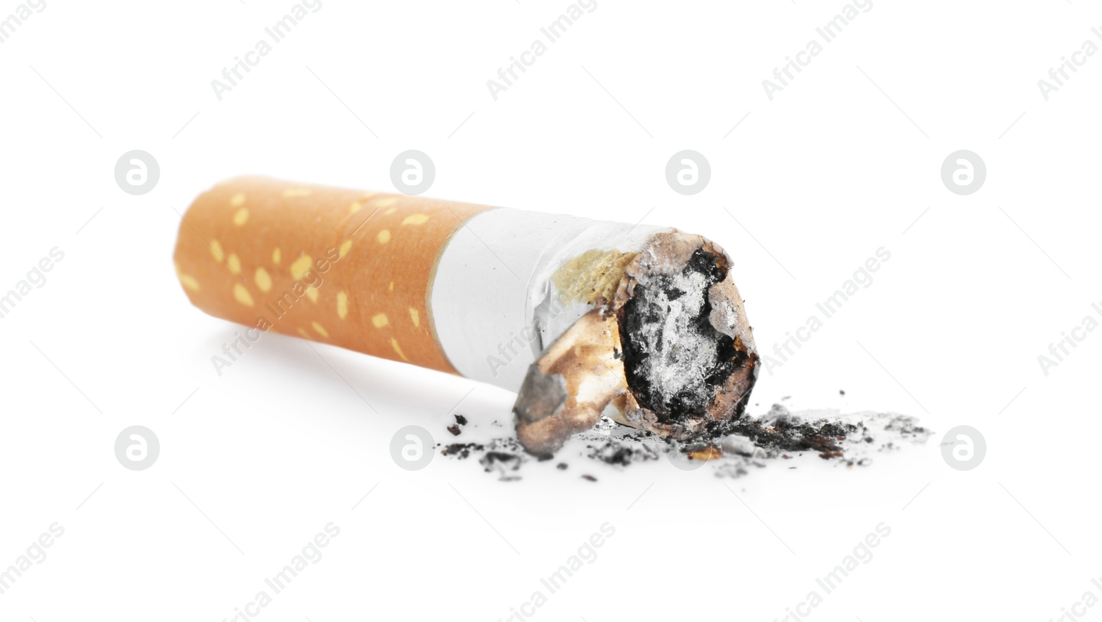 Cigarette butt with ash isolated on white Photo of Cigarette butt with ash isolated on white