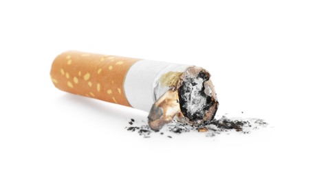 Photo of Cigarette butt with ash isolated on white