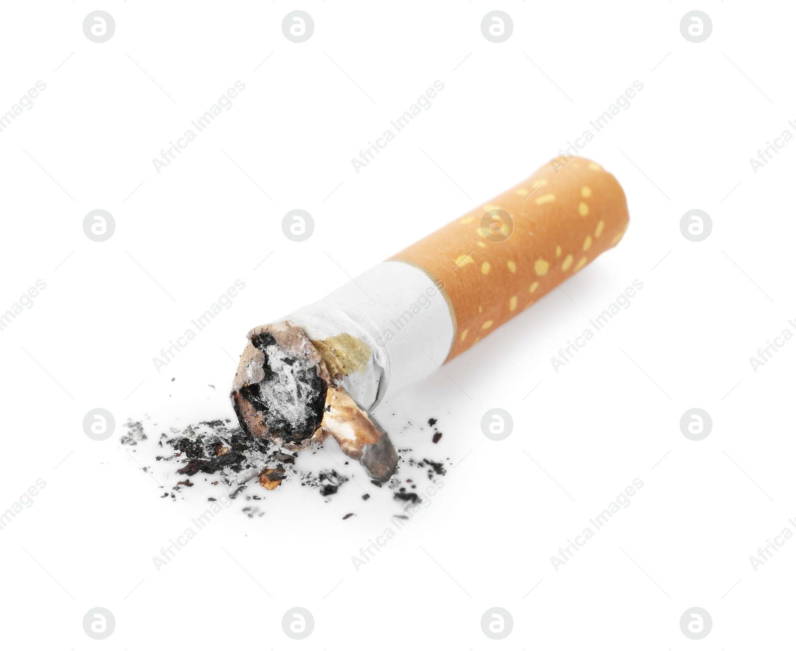 Photo of Cigarette butt with ash isolated on white