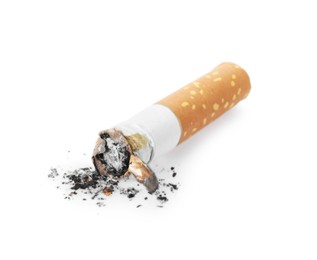 Photo of Cigarette butt with ash isolated on white