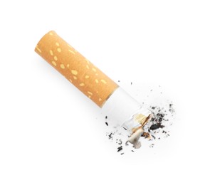 Photo of Cigarette butt with ash isolated on white, top view